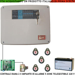 Centrale Antifurto Diana 5 Zone Batteria 12 V 7 Ah 5 Chiavi TAG 2 Meccaniche Impianto Filo. Gestisce Sensori Ingresso Con Comando Remoto di Telegestione Uscita Sirene Combinatore Videocamera Fumogeno