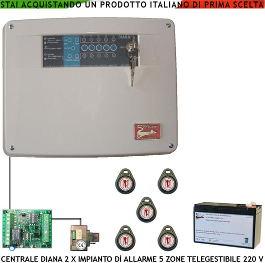 Centrale Antifurto Diana 5 Zone Batteria 12 V 7 Ah 5 Chiavi TAG 2 Meccaniche Impianto Filo. Gestisce Sensori Ingresso Con Comando Remoto di Telegestione Uscita Sirene Combinatore Videocamera Fumogeno
