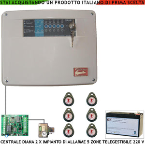 Diana Centrale 5 Zone Allarme 6 Chiavi TAG 2 Meccaniche Batteria 12 V 7 Ah per Impianto Antifurto Filare. Gestisce Sensori Con Comando Remoto Per Telegestione Uscita Sirene Combinatore SOS Telecamere