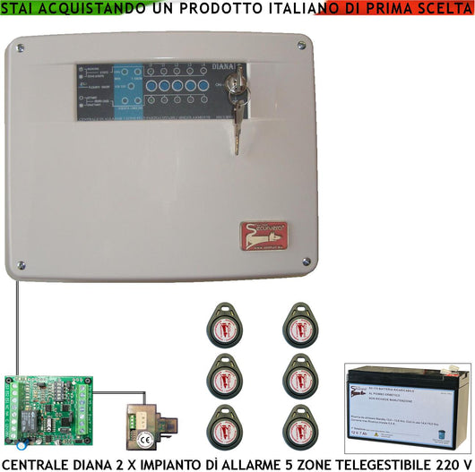 Diana Centrale 5 Zone Allarme 6 Chiavi TAG 2 Meccaniche Batteria 12 V 7 Ah per Impianto Antifurto Filare. Gestisce Sensori Con Comando Remoto Per Telegestione Uscita Sirene Combinatore SOS Telecamere