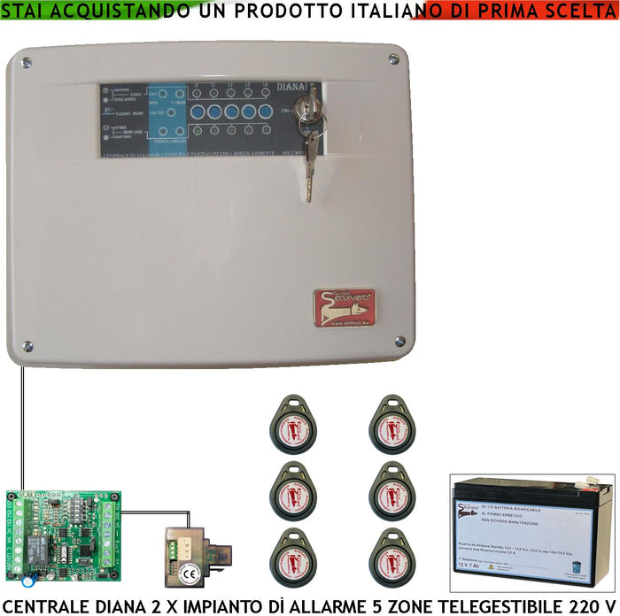 Diana Centrale 5 Zone Allarme 6 Chiavi TAG 2 Meccaniche Batteria 12 V 7 Ah per Impianto Antifurto Filare. Gestisce Sensori Con Comando Remoto Per Telegestione Uscita Sirene Combinatore SOS Telecamere
