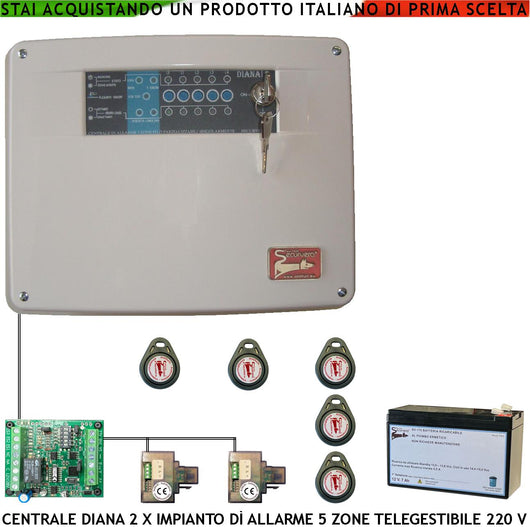 Centrale Antifurto Diana 5 Zone 5 Chiavi TAG 2 Lettori e 2 Meccaniche Batteria 12 V 7 Ah Per Impianto Via Filo. Gestisce Sensori Allarme Ingresso Per Telegestione Comando Sirene Combinatore e Fumogeni