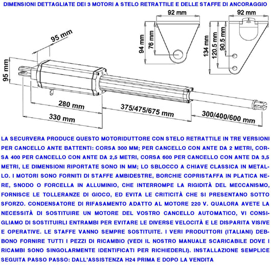 Motori Elettromeccanici Stelo Retrattile Corsa 300 mm 230 V Per Cancello Battente 4 Metri 2 Ante da 2 MT Spinta 250 Kg Sblocco a Chiave Ricambio Universale Automazione Con Kit Staffe Bulloni