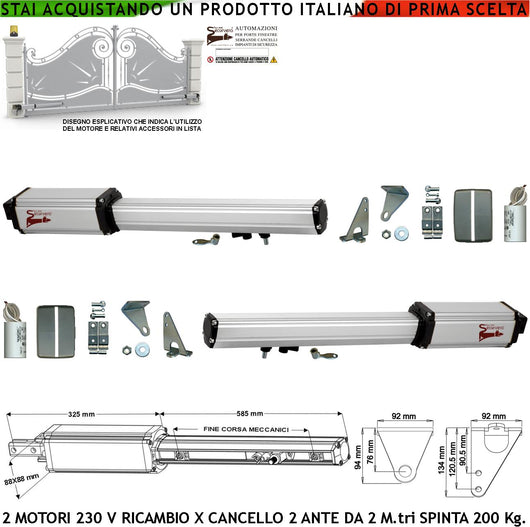 Pistoni Cancello Automatico 4 Metri 2 Ante 2 Motoriduttori di Ricambio 220 V Corsa 300 mm Spinta 2 Q.li 2 Condensatori 16 µF Kit Staffe Chiave Sblocco sul Carrello di Traino Compatibili a Qualsiasi Elettronica BTF Poteco Misure 810X88X88 mm