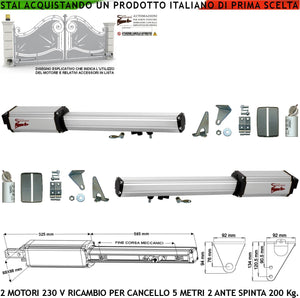 Pistoni Cancello Automatico 5 Metri 2 Ante 2 Motoriduttori di Ricambio 220 V Corsa 400 mm Spinta 2 Q.li 2 Condensatori 16 µF Kit Staffe Chiave Sblocco sul Carrello di Traino Compatibili a Qualsiasi Elettronica BTF Poteco Misure 910X88X88 mm