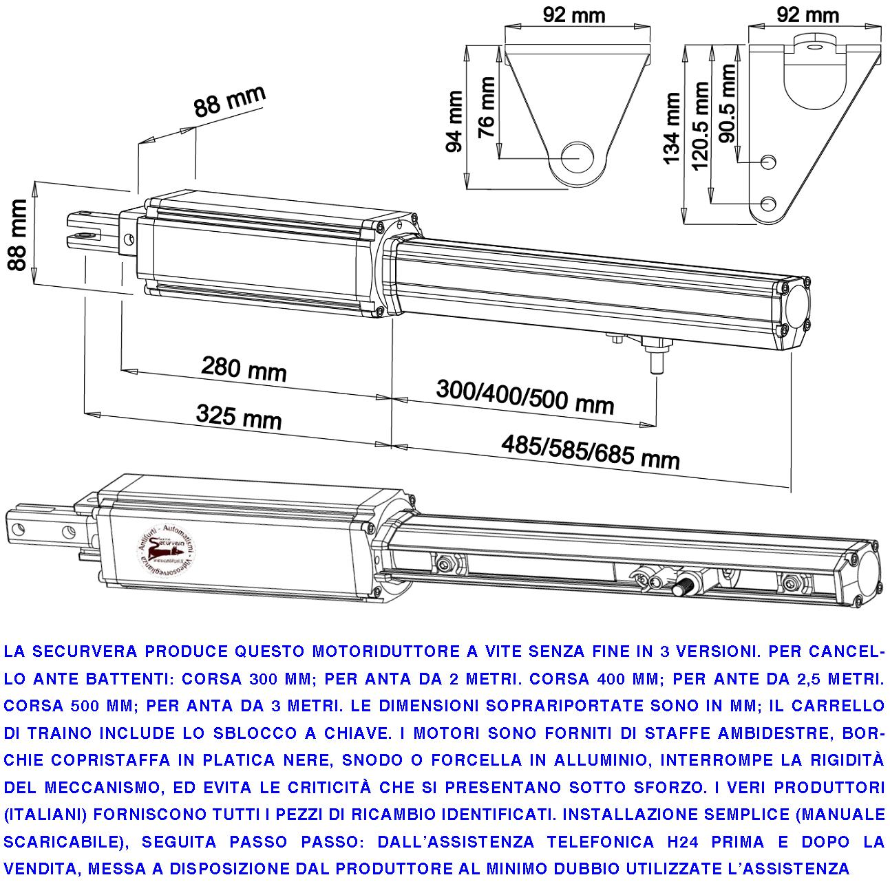 Pistoni Elettromeccanici Cancello Automatico 4 Metri 2 Ante 2 Motoriduttori di Ricambio 24 Vcc Corsa 300 mm Spinta 2 Q.li Kit Staffe Chiave Sblocco sul Carrello di Traino Compatibili a Qualsiasi Elettronica BTF Poteco Misure 910X88X88 mm