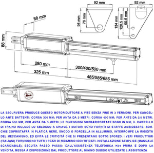 Pistoni Elettromeccanici Cancello Automatico 4 Metri 2 Ante 2 Motoriduttori di Ricambio 24 Vcc Corsa 300 mm Spinta 2 Q.li Kit Staffe Chiave Sblocco sul Carrello di Traino Compatibili a Qualsiasi Elettronica BTF Poteco Misure 910X88X88 mm