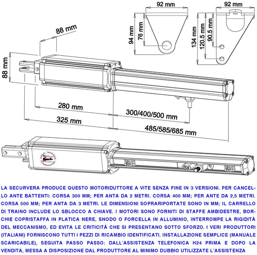 Pistoni Elettromeccanici Cancello Automatico 4 Metri 2 Ante 2 Motoriduttori di Ricambio 24 Vcc Corsa 300 mm Spinta 2 Q.li Kit Staffe Chiave Sblocco sul Carrello di Traino Compatibili a Qualsiasi Elettronica BTF Poteco Misure 910X88X88 mm