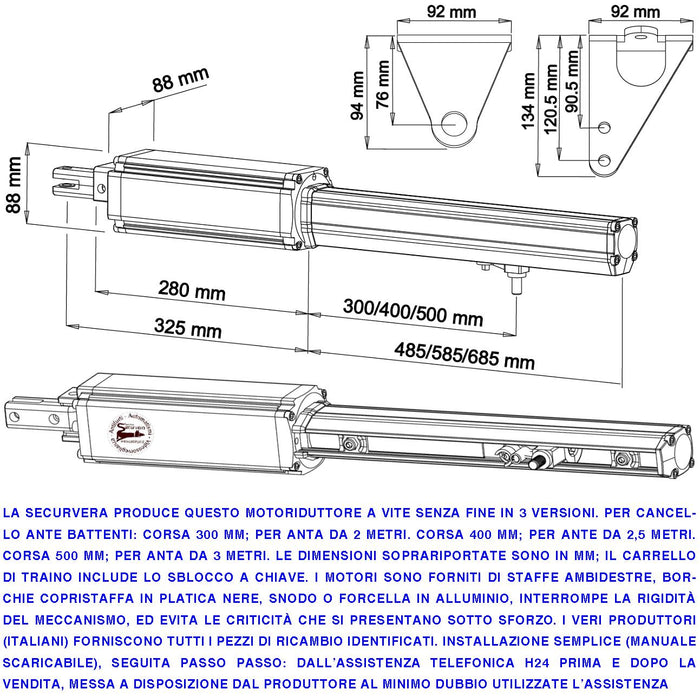 Pistoni Elettromeccanici Cancello Automatico 4 Metri 2 Ante 2 Motoriduttori di Ricambio 24 Vcc Corsa 300 mm Spinta 2 Q.li Kit Staffe Chiave Sblocco sul Carrello di Traino Compatibili a Qualsiasi Elettronica BTF Poteco Misure 910X88X88 mm