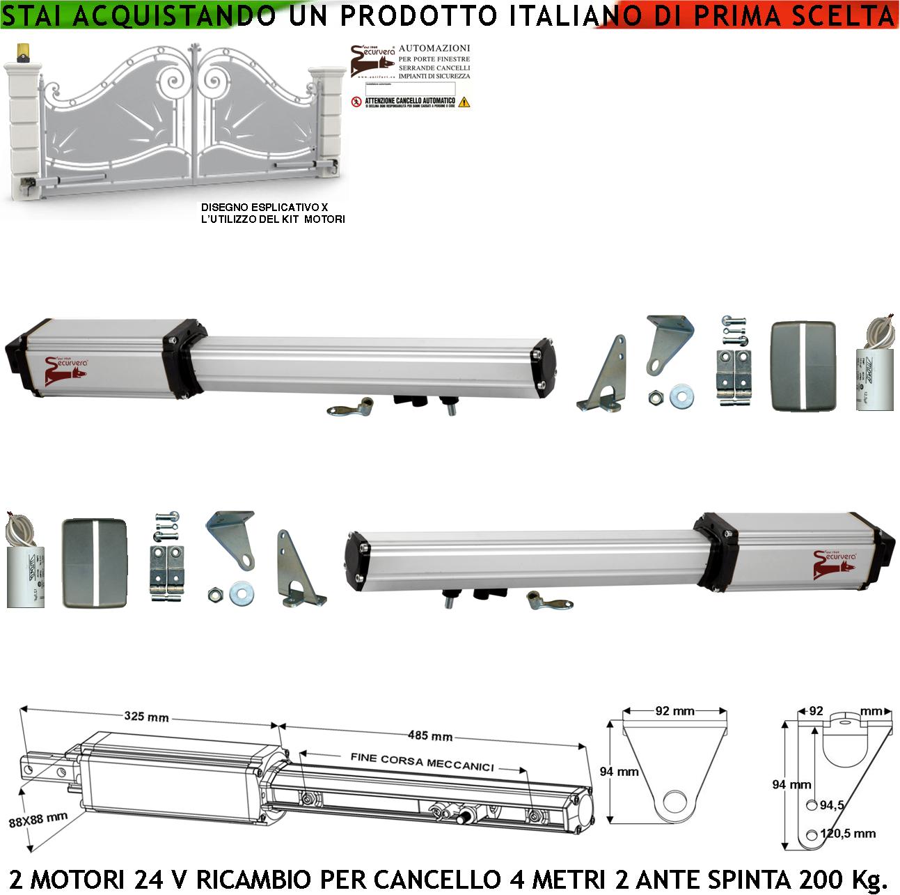 Pistoni Elettromeccanici Cancello Automatico 4 Metri 2 Ante 2 Motoriduttori di Ricambio 24 Vcc Corsa 300 mm Spinta 2 Q.li Kit Staffe Chiave Sblocco sul Carrello di Traino Compatibili a Qualsiasi Elettronica BTF Poteco Misure 910X88X88 mm