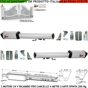 Pistoni Elettromeccanici Cancello Automatico 4 Metri 2 Ante 2 Motoriduttori di Ricambio 24 Vcc Corsa 300 mm Spinta 2 Q.li Kit Staffe Chiave Sblocco sul Carrello di Traino Compatibili a Qualsiasi Elettronica BTF Poteco Misure 910X88X88 mm