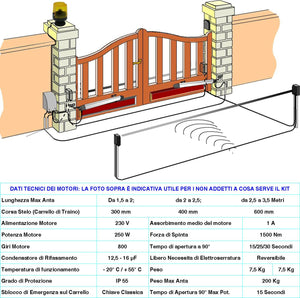 Cancello Elettrico da 7 Metri Kit Ricambio per Automatismo 2 Ante da 3,5 MT 2 Motori Elettromeccanici 230 V Stelo Retrattile Autobloccante Corsa 600mm Spinta 250 Kg Centrale di Comando Incorpora Radio