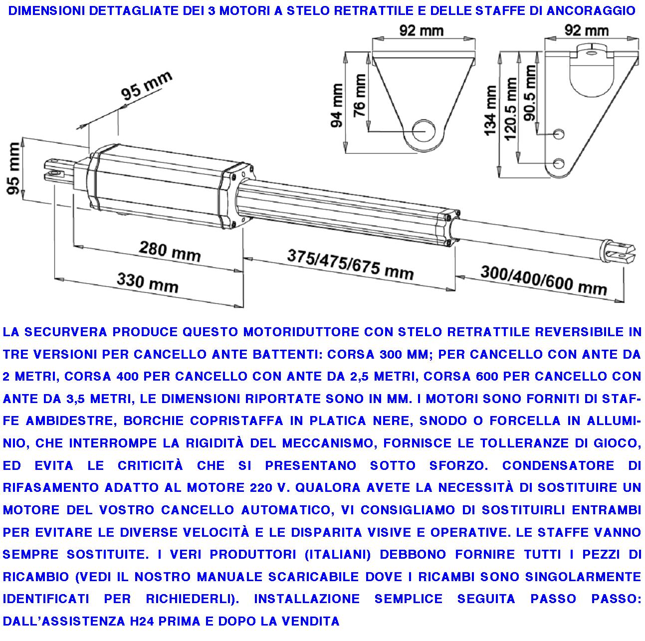 Pistoni Elettromeccanici Stelo Retrattile Reversibile Corsa 400 mm 230 V Per Cancello Battente 2 Ante da 2,5 Metri Spinta 250 Kg Ricambio Universale Automazione Securvera Con Staffe e Bulloni