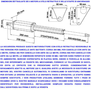 Pistoni Elettromeccanici Stelo Retrattile Reversibile Corsa 400 mm 230 V Per Cancello Battente 2 Ante da 2,5 Metri Spinta 250 Kg Ricambio Universale Automazione Securvera Con Staffe e Bulloni