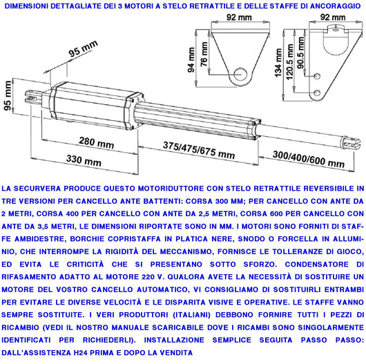 Pistoni Elettromeccanici Stelo Retrattile Reversibile Corsa 400 mm 230 V Per Cancello Battente 2 Ante da 2,5 Metri Spinta 250 Kg Ricambio Universale Automazione Securvera Con Staffe e Bulloni