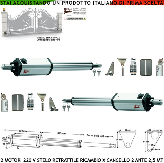 Attuatori Elettromeccanici 230 V Stelo Retrattile Corsa 400 mm 220 V Per Cancello Battente 5 Metri 2 Ante da 2,5 MT Spinta 250 Kg Sblocco a Chiave Ricambio Automatismo Completi di Staffe Bulloni