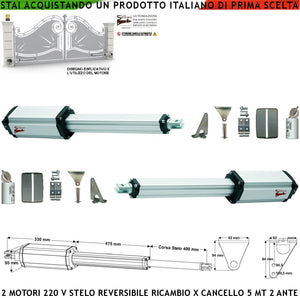 Pistoni Elettromeccanici Stelo Retrattile Reversibile Corsa 400 mm 230 V Per Cancello Battente 2 Ante da 2,5 Metri Spinta 250 Kg Ricambio Universale Automazione Securvera Con Staffe e Bulloni
