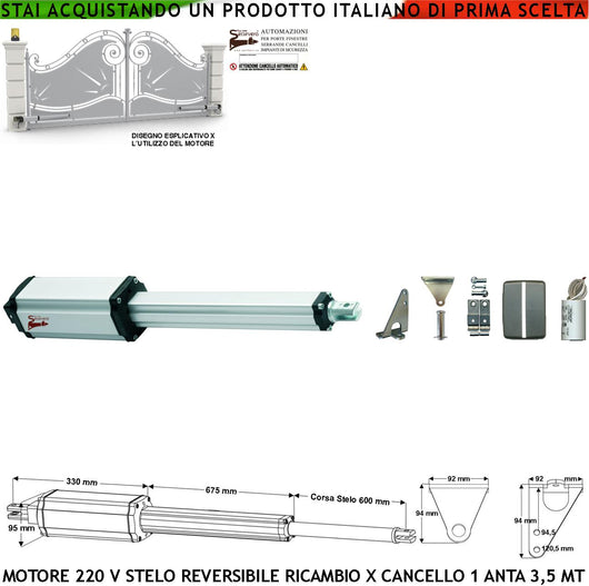 Pistone Elettromeccanico Stelo Retrattile Reversibile Corsa 600 mm 230 V Per Cancello Battente Anta da 3,5 Metri Spinta 250 Kg Ricambio Universale Automazione Securvera Completo di Staffe Bulloni