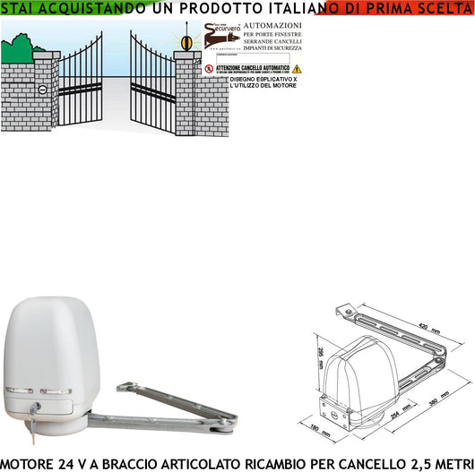 Motore a Compasso per Cancello Elettrico 24 VDC Ricambio Universale Automatismo Un Anta Battente da 0,5 A 2,5 Metri Spinta 250 Newton Sblocco a Chiave Finecorsa Meccanici Completo di Braccio Staffe Bulloni IP44 Dimensioni H295XL180XP254 mm