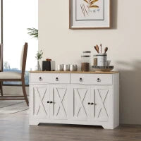 Credenza da Cucina o Salotto in Stile Rurale con 2 Cassetti, 2 Armadi, Ripiani a Diverse Altezze, Bianco