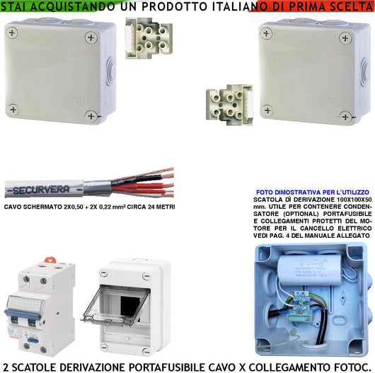 Kit Derivazione Cablaggio tra Centrale e Motori 220 V Cancello Automatico Fusibile di Protezione Cavo x Fotocellule Differenziale Scatola