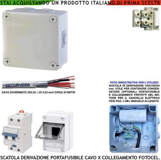 Kit Derivazione Cablaggio tra Centrale e Motore 220 V Cancello Automatico Fusibile di Protezione Cavo per Fotocellule Scatola Differenziale