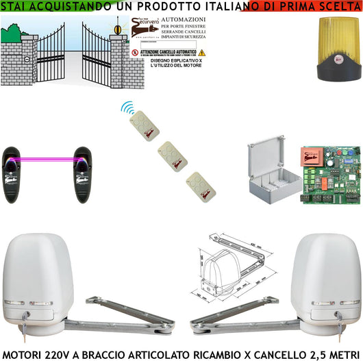 Motori Cancello Elettrico 220 V Braccio Articolato Ricambio Cancello Automatico 5 MT 2 Ante Battenti da 0,5 Fino a 2,5 Metri Centrale 3 Radiocomandi Fotocellule