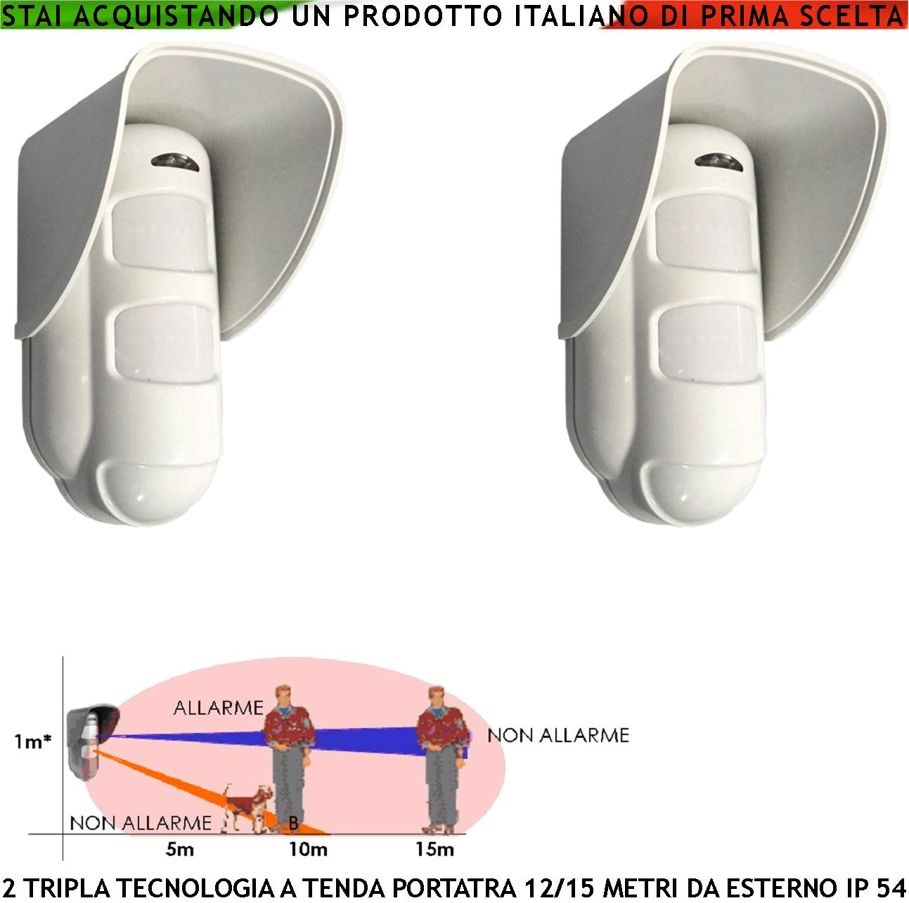 Sensore Antifurto Tripla Tecnologia da Esterno 2 Pezzi Portata 15 Metri Grandangolo o Tenda Regolabile da 5/15 Metri Alimentazione 12 V Via Filo Con Snodo Orientab Sensori 2 Pir 1 Microonda AND OR