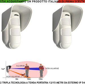 Sensore Movimento Tripla Tecnologia da Esterno 2 Pezzi Portata 15 Metri Grandangolo o Tenda Regolabile da 5/15 Metri Alimentazione 12 V Via Filo Con Snodo Orientab Sensori 2 Pir 1 Microonda AND OR