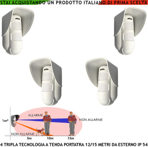 Sensore di Allarme Tripla Tecnologia da Esterno 4 Pezzi Portata 15 Metri Grandangolo o Tenda Regolabile da 5/15 Metri Alimentazione 12 V Via Filo Con Snodo Orientab Sensori 2 Pir 1 Microonda AND OR