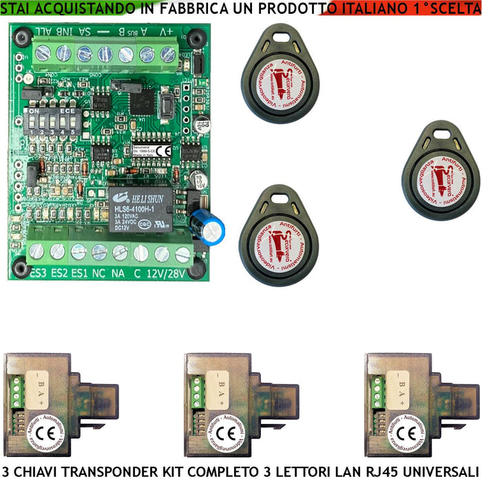 Chiave TAG di Prossimità 3 Lettori su Modulo LAN Universale 501/503 RJ45 Tre Chiavi TAG Trasponder Alimentazione 12/24 Vac Relè Scambio 2 A 24V Funzione Impulsiva o Stabile Segnale di Stato 4 Led GRVB