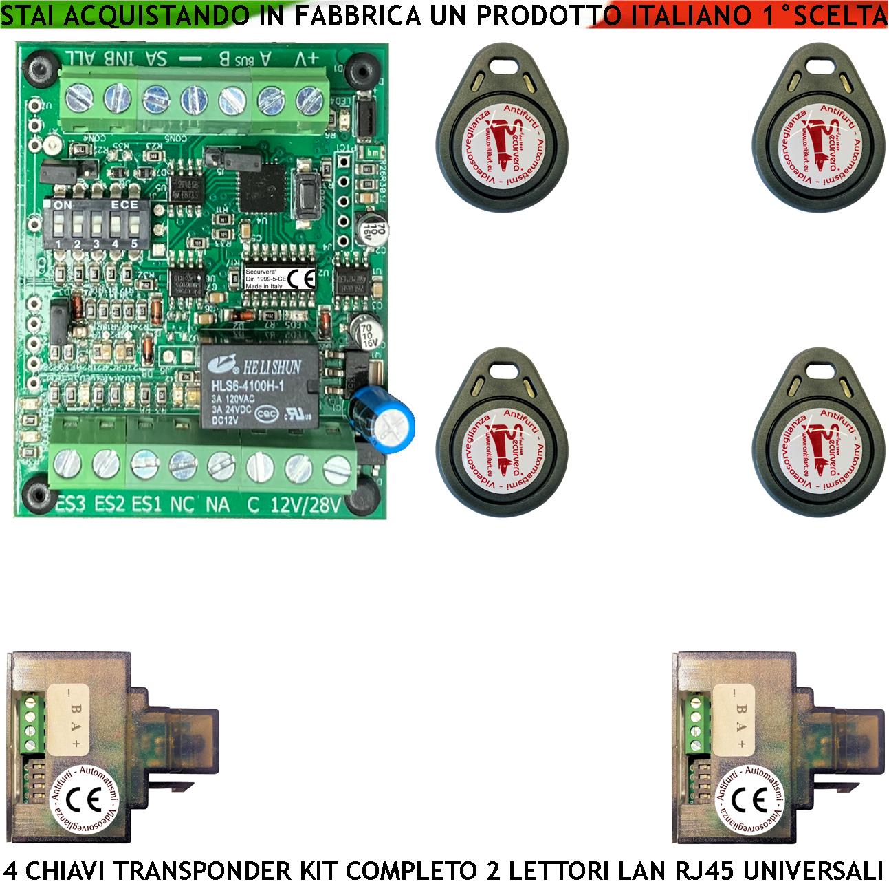 Chiave Trasponder di Prossimità 4 Chiavi TAG Due Lettori su Modulo LAN Universale 501/503 RJ45 Alimentazione 12/24 Vac Relè Scambio 2 A a 24 V Funzione Impulsiva o Stabile Segnale di Stato 4 Led GRVB