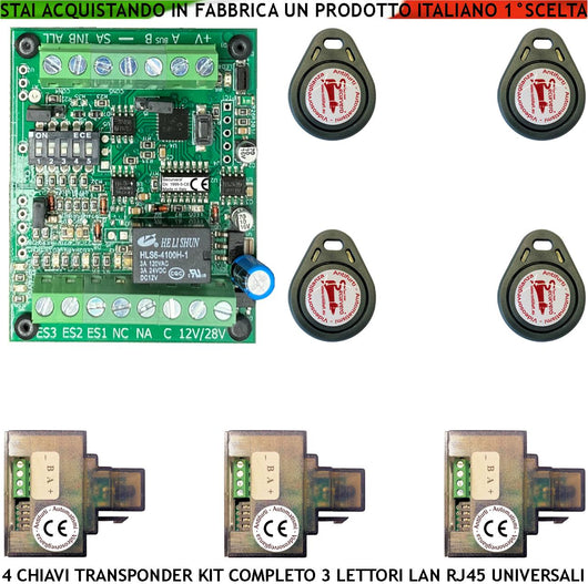 Chiave Elettronica di Prossimità 4 Chiavi TAG Tre Lettori su Modulo LAN Universale 501/503 RJ45 Alimentazione 12/24 Vac Relè Scambio 2 A a 24 V Funzione Impulsiva o Stabile Segnale di Stato 4 Led GRVB