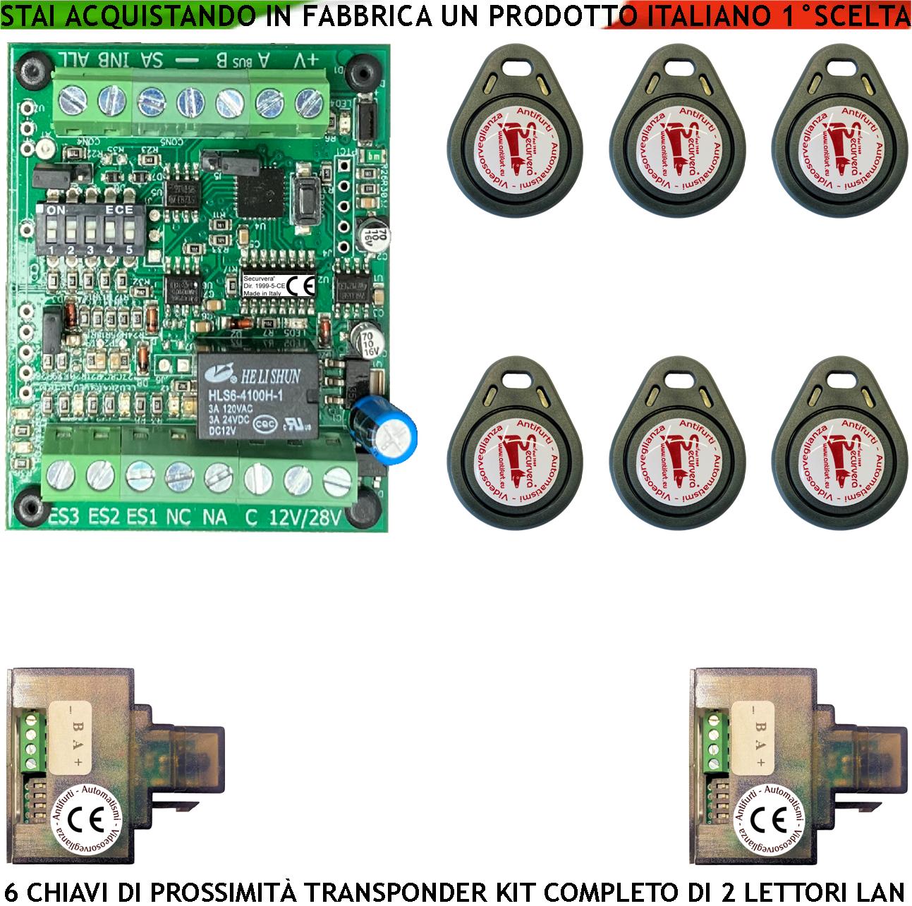 Chiave TAG di Prossimità 6 Chiavi TAG Trasponder 2 Lettori su Modulo LAN Universale 501/503 RJ45 Alimentazione 12/24 Vac Relè Scambio 2 A 24 V Funzione Impulsiva o Stabile Segnale di Stato 4 Led GRVB