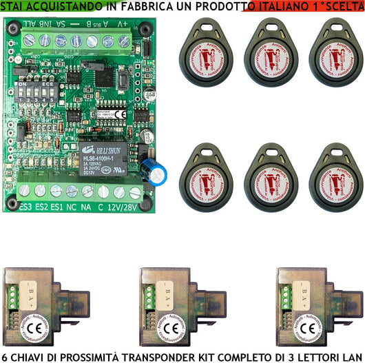Chiave Elettronica di Prossimità 6 Chiavi TAG Tre Lettori su Modulo LAN Universale 501/503 RJ45 Alimentazione 12/24 Vac Relè Scambio 2 A a 24 V Funzione Impulsiva o Stabile Segnale di Stato 4 Led GRVB
