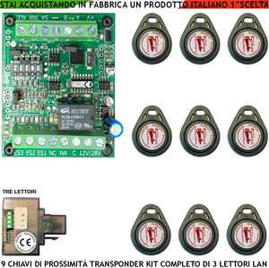 Chiave di Prossimità Nove Chiavi TAG Trasponder 3 Lettori su Modulo LAN Universale 501/503 RJ458 Alimentazione 12/24 Vac Relè Scambio 2 A 24 V Funzione Impulsiva o Stabile Segnale di Stato 4 Led GRVB