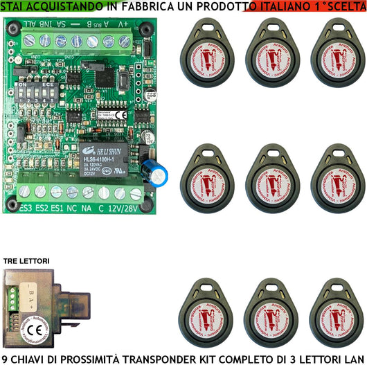 Kit Chiave di Prossimità 3 Lettori su Modulo LAN Universale 501/503 RJ45 Nove Chiavi TAG Trasponder Alimentazione 12/24 Vac Relè Scambio 2A 24V Funzione Impulsiva o Stabile Segnale di Stato 4 Led GRVB