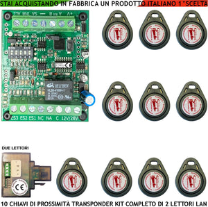 Chiave di Prossimità 2 Lettori su Modulo LAN Universale 501/503 RJ45 Dieci Chiavi TAG Trasponder Alimentazione 12/24 Vac Relè Scambio 2A a 24 V Funzione Impulsiva o Stabile Segnale di Stato 4 Led GRVB