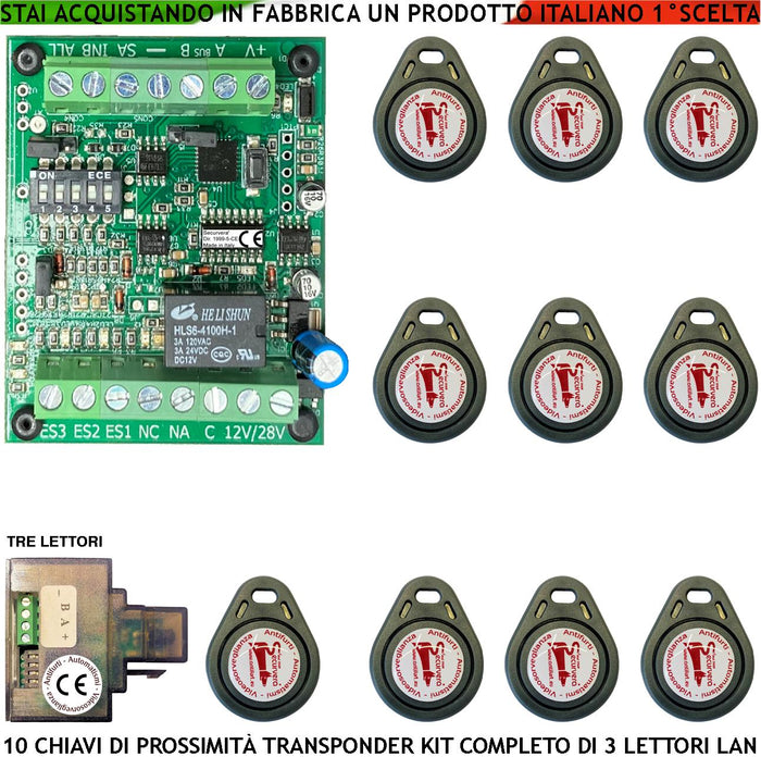 Chiave Trasponder di Prossimità Dieci Chiavi TAG 3 Lettori su Modulo LAN Universale 501/503 RJ45 Alimentazione 12/24 Vac Relè Scambio 2A a 24 V Funzione Impulsiva o Stabile Segnale di Stato 4 Led GRVB