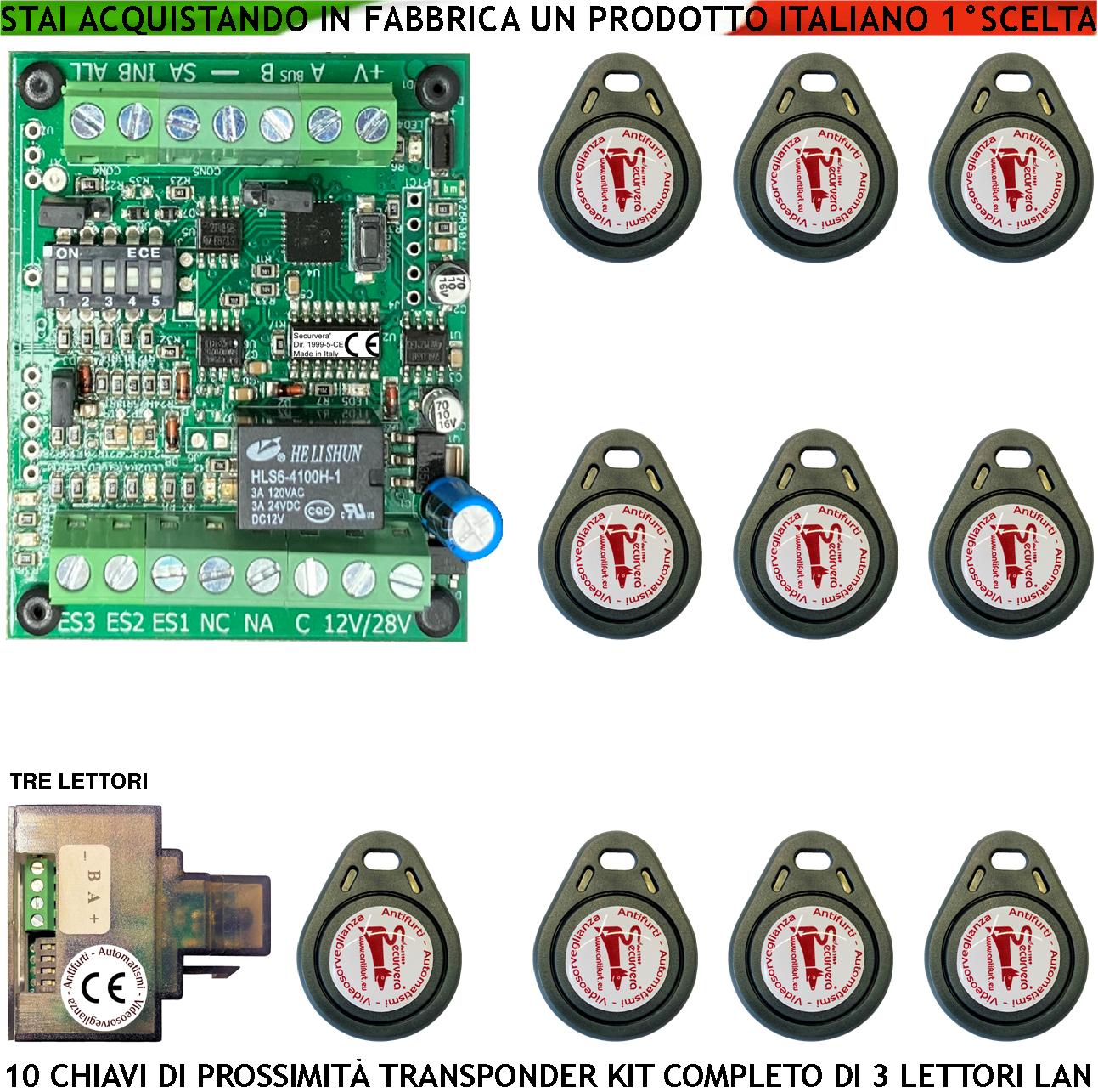 Kit Chiave di Prossimità Tre Lettori su Modulo LAN Universale 501/503 RJ45 10 Chiavi TAG Trasponder Alimentazione 12/24 Vac Relè Scambio 2A 24V Funzione Impulsiva o Stabile Segnale di Stato 4 Led GRVB