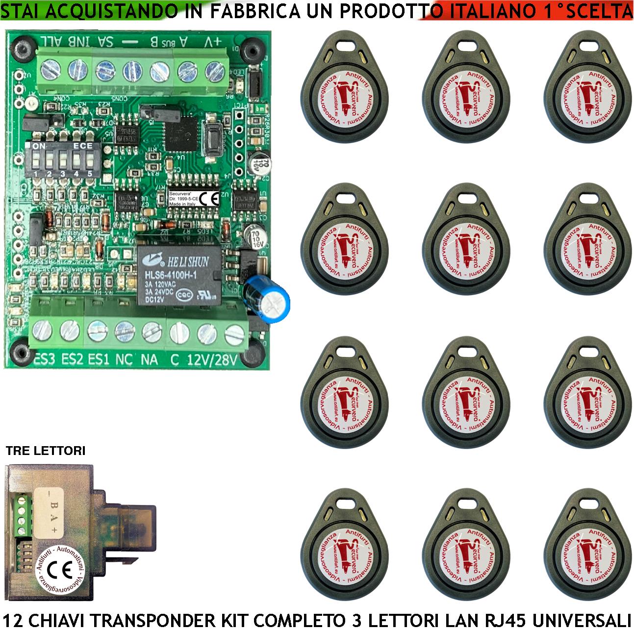 Chiave di Prossimità Dodici Chiavi TAG Trasponder 3 Lettori su Modulo LAN Universale 501/503 RJ458 Alimentazione 12/24 Vac Relè Scambio 2A 24 V Funzione Impulsiva o Stabile Segnale di Stato 4 Led GRVB