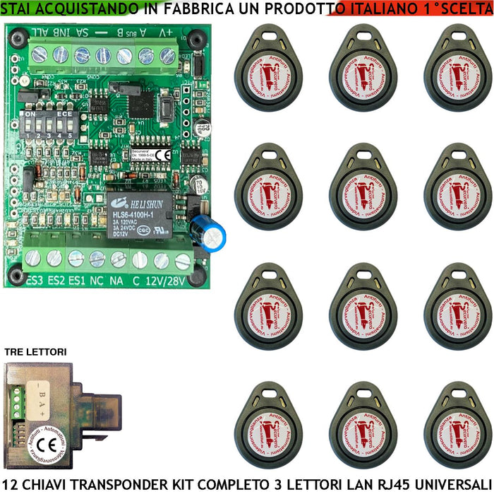 Kit Chiave di Prossimità Tre Lettori su Modulo LAN Universale 501/503 RJ45 12 Chiavi TAG Trasponder Alimentazione 12/24 Vac Relè Scambio 2A 24V Funzione Impulsiva o Stabile Segnale di Stato 4 Led GRVB