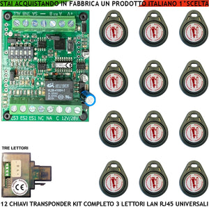 Chiave Trasponder di Prossimità Dodici Chiavi TAG 3 Lettori su Modulo LAN Universale 501/503 RJ45 Alimentazione 12/24 Vac Relè Scambio 2A a 24V Funzione Impulsiva o Stabile Segnale di Stato 4 Led GRVB