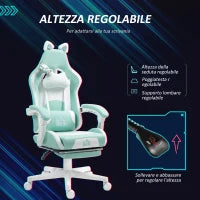 Sedia da Gaming Reclinabile con Poggiapiedi e Cuscini, in Finta Pelle e Spugna, 65x62x116-124 cm, Bianco e Blu