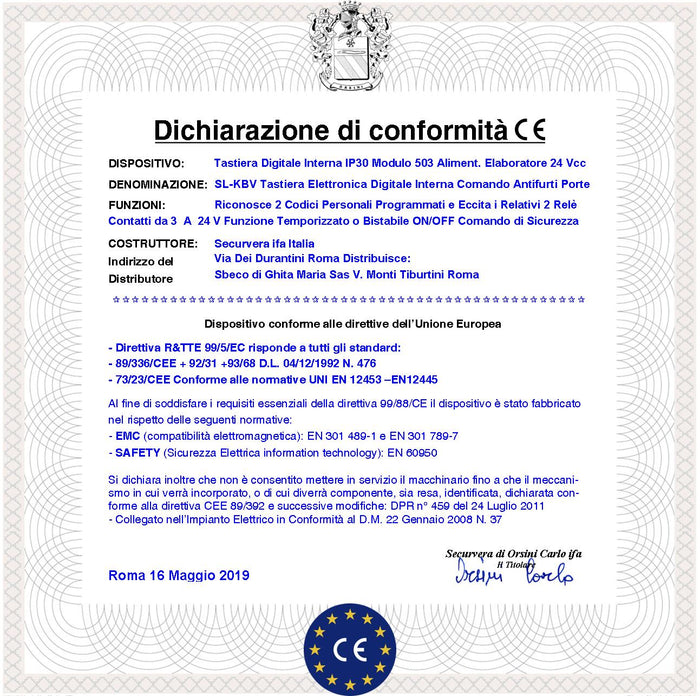 Scheda Elettronica Decodifica Ricambio per Tastiera SL-TKB Montaggio Interno 2 Led Multifunzioni Rosso Verde Alimentazione 24 V 2 Codici DTMF 6 Cifre 2 Relè Liberi a Tempo da 0-99. o Bistabili ON-OFF