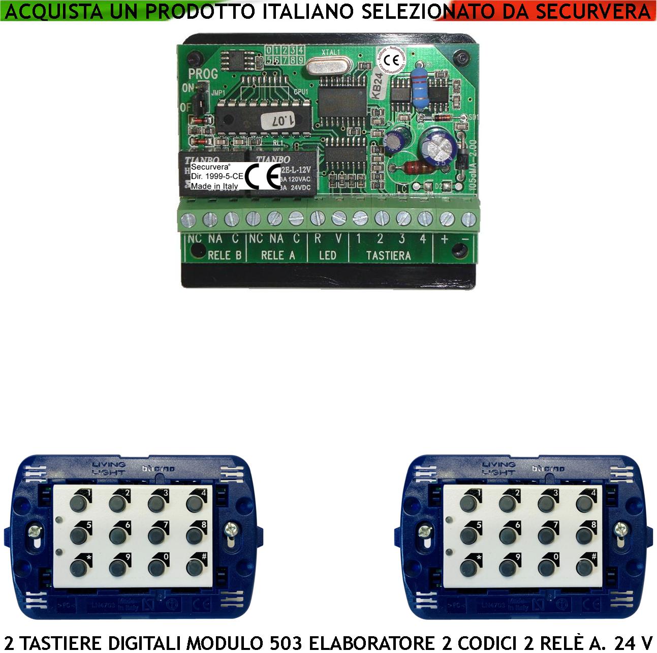Tastiere Elettroniche Digitali Interne Modulo 503 2 Pezzi IP44 Un Elaboratore Remoto Gestisce 2 Attivazioni Alimentazione 24 Vcc Due Codici DTMF 6 Cifre 2 Led e 2 Relè Funzioni Programmabili Apriporta