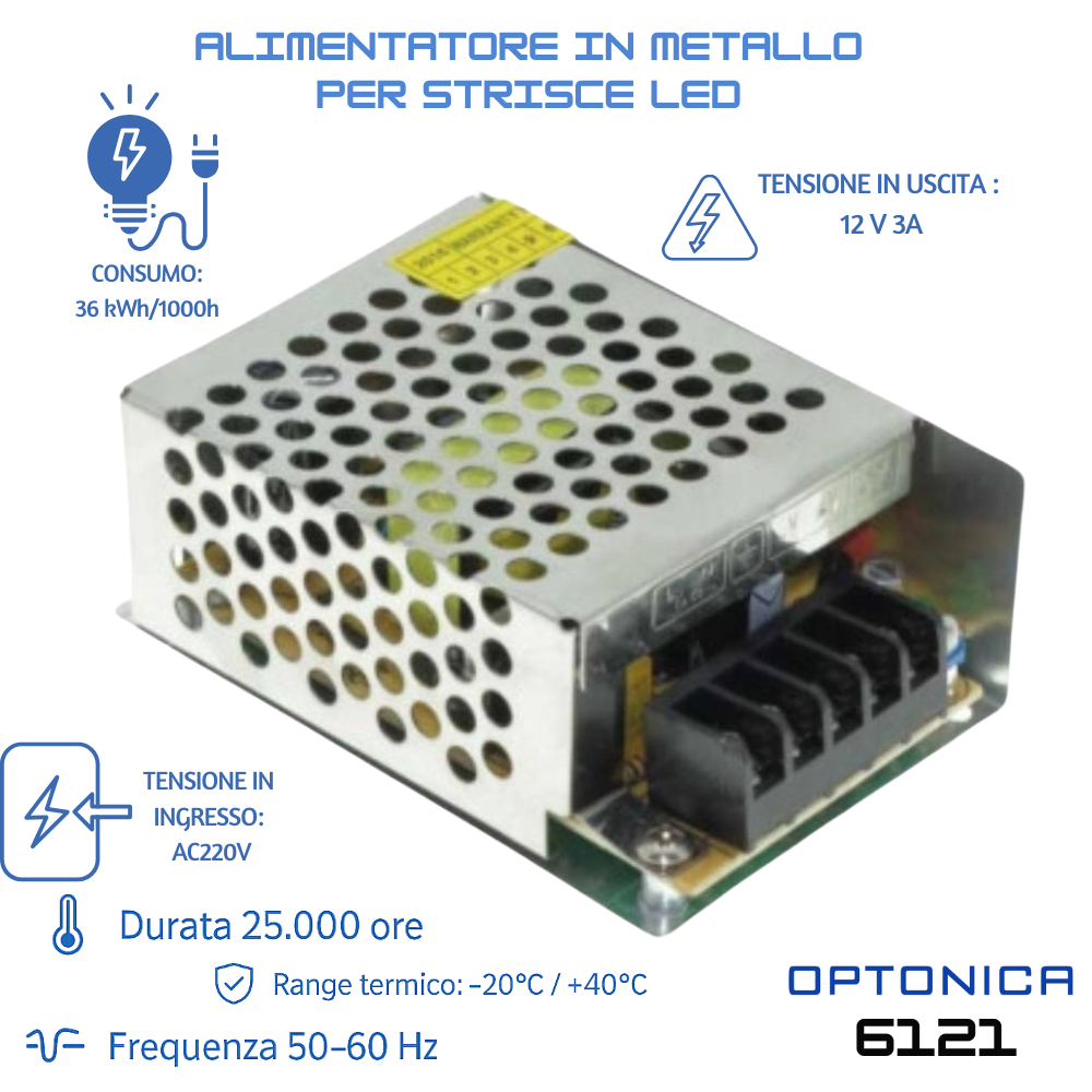 Alimentatori in metallo 12v per strisce led vari wattaggi *** potenza 36w, confezione 1