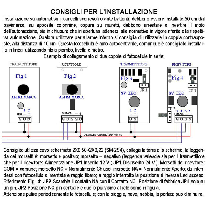Fotocellule 2 Coppie Controllo Sicurezza Cancello Elettrico Automatico Cellula130 Portata 15 Metri Lineari Montaggio a Parete o Palina Alimentazione 12/24 Vac