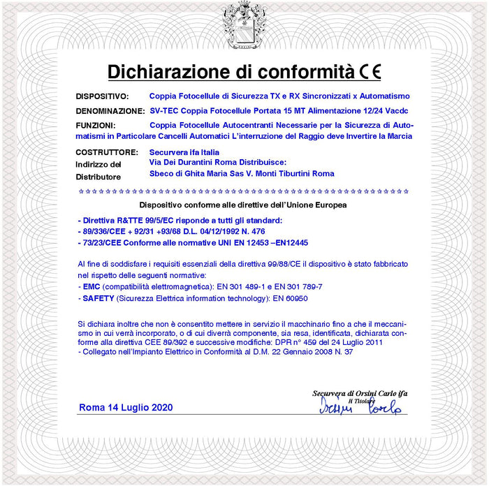 Fotocellule Controllo Sicurezza Cancello Elettrico Automatico Portata 15 Metri Lineari Un TX e Un RX Montaggio a Parete o Palina Controllare Dimensioni in Foto Alimentazione 12/24 Vac Scarichi Manuale