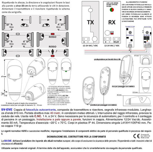 Fotocellule TX e RX Controllo e Sicurezza Automazione Cancello Elettrico Portata 20 Metri Lineari Montaggio a Parete Oppure su Palina Alimentazione 12/24 Vac
